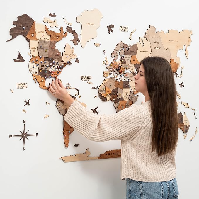 Enjoy The Wood 3D Wood World Map Wall Art Large Wood Wall Décor Housewarming Gift Idea Wall Art World Travel Map For Home & Kitchen or Office (Multicolored, M)