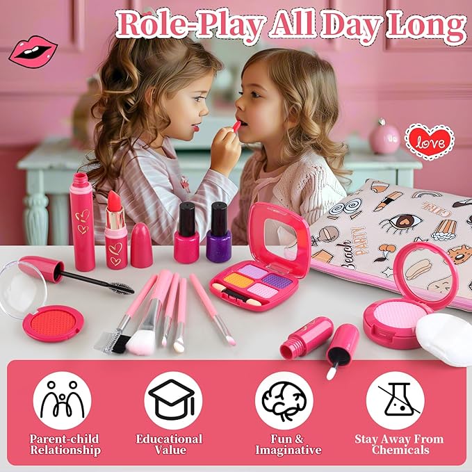 Toddler Girls Toys Pretend Makeup Kits - Fake Makeup Set Toys for Kids 3 4 5 6 Year Old, Play Makeup Gift for Little Girls 3-5, Toddler Makeup Kit with Fake Makeup Toy Birthday Gift (Beige)