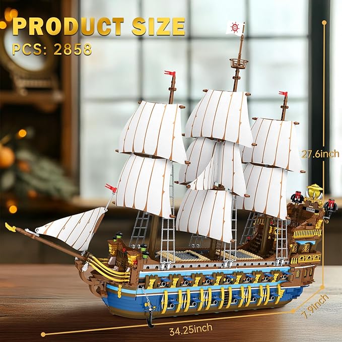 Reobrix Royal Pirate Ship Building Set for Adults, 2858-Piece Large Model Ship, Collectible Luxury Display Pirate Ship Model 66011, Architecture Set Gifts for Maritime Lovers 14+
