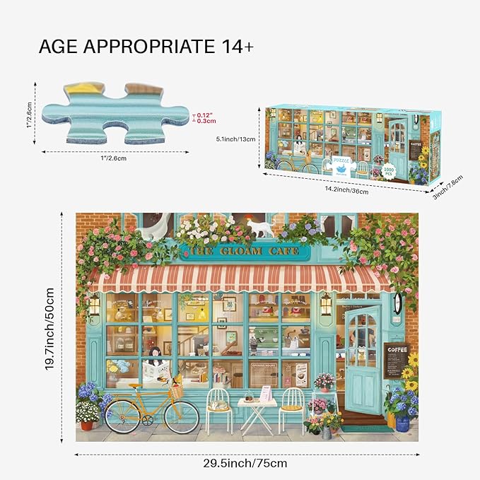MOMIBOOK Puzzles for Adults 1000 Pieces Jigsaw Puzzles of Corner Coffee Shop, Painting Image Store Puzzle Difficult Challenging Hard Impossible Puzzle Unique Funny Party Christmas Birthday Gifts