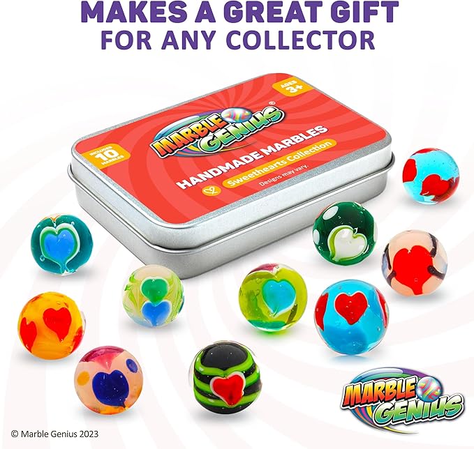 Marble Genius Collectors Marbles, Sweetheart Design, 16mm (⅝ Inch), 10 Handmade Glass Marbles, Gifts for Marble Lovers, Gifts for Kids Ages 3+