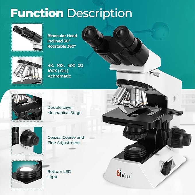 Sinher XSZ-2108A Professional lab Compound Binocular microscopes 40X-2000X Magnification for Kids Students Adults School Lab Home Education with Microscope Slides Set.