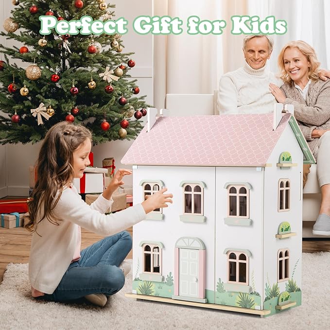 Costzon Wooden Dollhouse for Kids, 3-Level Dollhouse Playset with Double-Sided Roofs, 19 Furniture & Accessories, 5 Rooms, Pretend Play Toddler Doll House, Gift for Kids Aged 3+ (Multicolor)