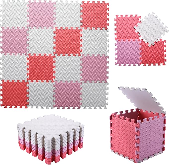 Foam Play Mat for Baby, 0.4 Inch Thick Foam Interlocking Floor Mats, Soft Non-Toxic Baby Playmat, Solid Colored Puzzle Play Mat Kids Floor Mats, 16 Tiles, White/Pink/Red