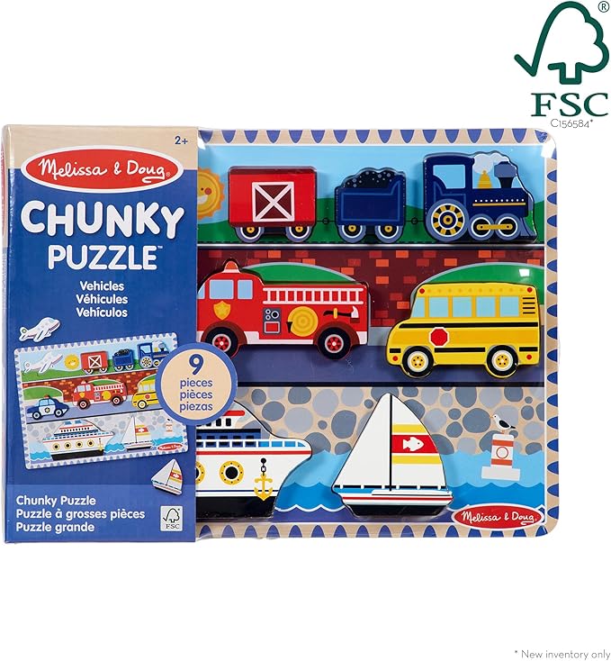 Melissa & Doug Vehicles Wooden Chunky Puzzle (9 pcs), Educational Screen Free Activity for Toddler, Preschoolers And Kids Ages 2+- FSC Certified