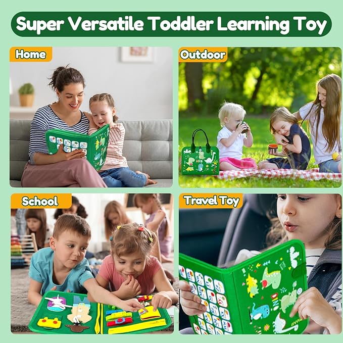 Qizfun Busy Board Montessori Toy for Toddlers, Educational Sensory Learning Toy for Fine Motor Skills, Preschool Travel Toy for Airplane & Car, Gifts for Boys and Girls