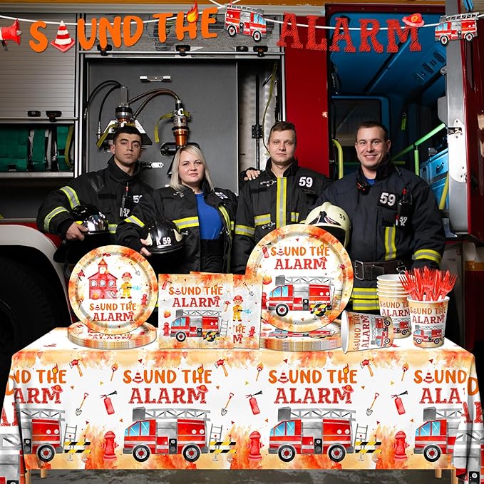 Firefighter Birthday Party Decorations, Firetruck Birthday Decorations 142pcs Tableware Set Include Plates,Napkins,Cups,Banner,Sound The Alarm Tablecloth For Fireman Fire Truck Party Supplies