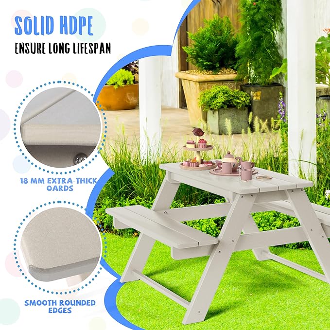 Costaelm Kids Picnic Table, HDPE All Weather Outdoor Toddler Picnic Table and Chair Set Kids Bench for Patio, Backyard, Garden, Lawn, Sand