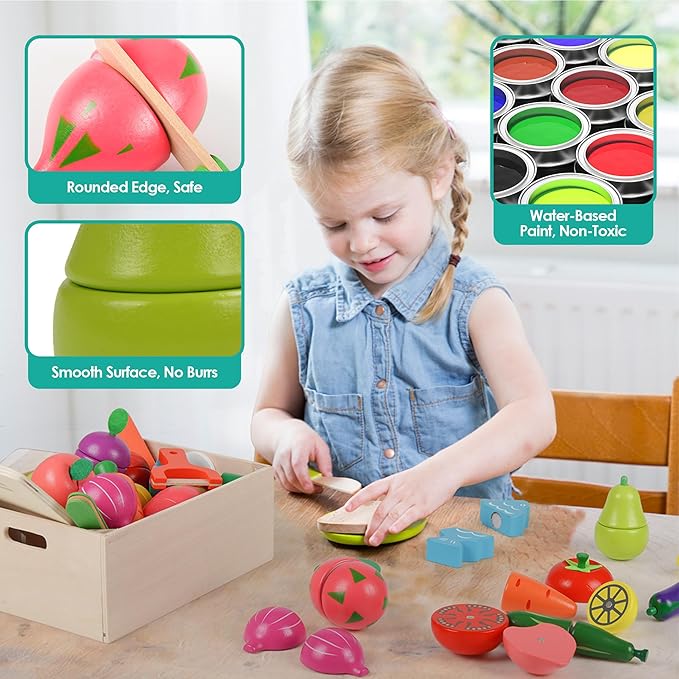 Wooden Play Food for Kids Kitchen, 32PCS Pretend Cutting Fruits Vegetables Food Play Toy Sets, Early Education Montessori Kid Toys, for Toddlers and Kids Ages 3+