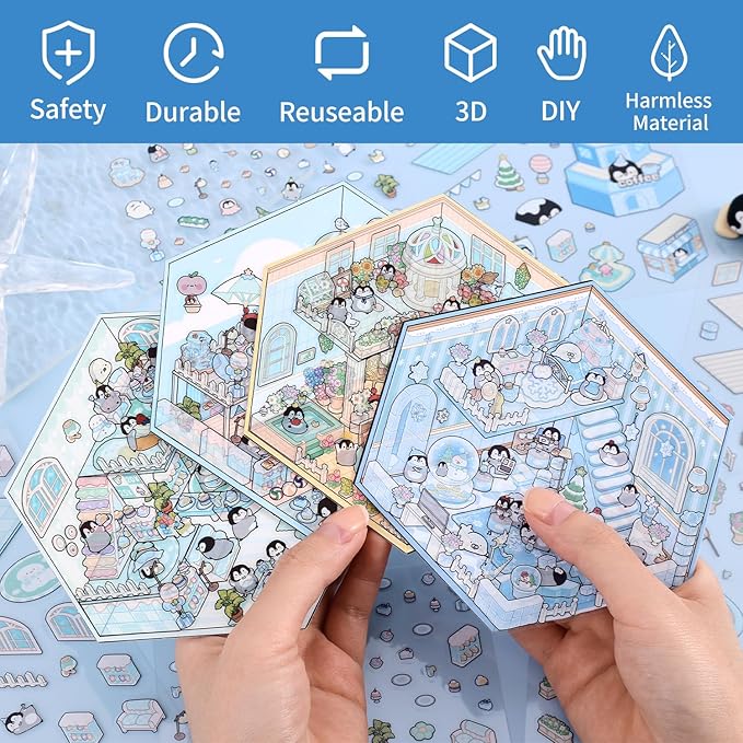 Girls 3D Miniature Scene Stickers, 4 Sets Penguin Holiday DIY House Stickers for Sweet World,Fun Beach,Flower Room,Home Diary, Cute 3D Cartoon Scene Stickers for Adult Kids Relief Stress Pass The Time