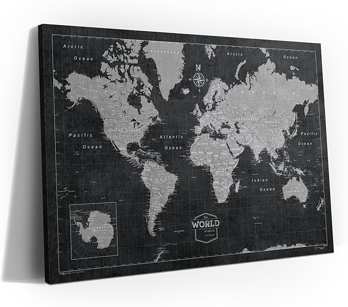 Conquest Maps World Travel Map with Pins Modern Slate Style Push Pin Travel Map Cork Board, Track Your Travels w/a Handmade Unique Canvas Pinable Map (24" x 16")
