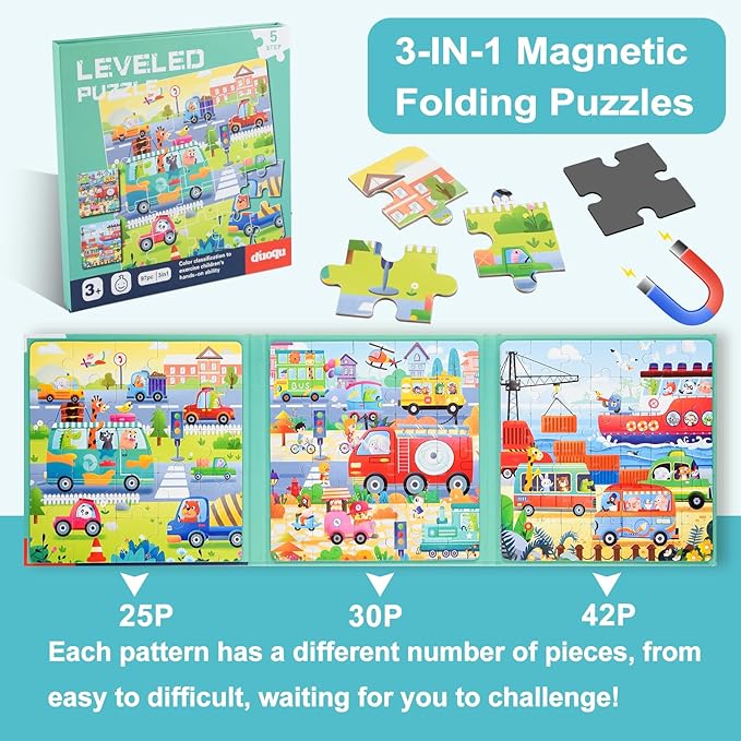 ASTARON Magnetic Puzzles for Toddlers, 25-30-42 Pieces Traffic Learning Magnet Puzzles for Road Trip, Educational Travel Toys Car Plane Activities for Kids, Kids Birthday Gifts