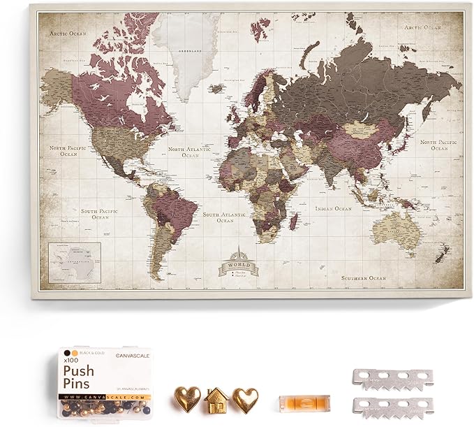 Canvas World Map with Cork Pin Board - English Lettering - Decorative Wall Decoration for All Rooms - Canvas Pictures with World Map Motif (120x80 cm, Pattern 23)