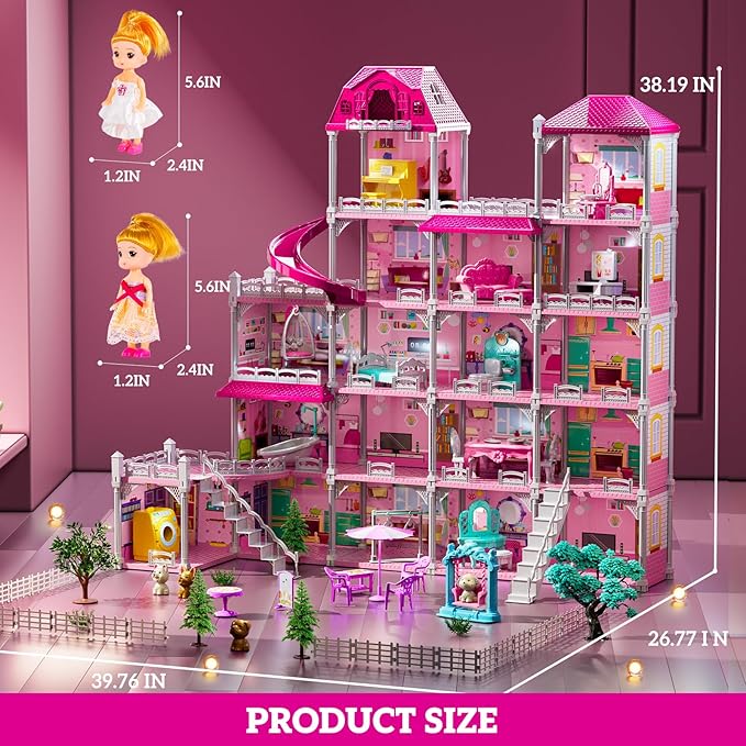 Villa Playset for Girls Ages 3-7, Indoor Playset Girls Toys for Ages 6-8 with 4 Storeys 18 Rooms 4 Dolls, Furniture and Accessories, Pretend Toddler Toy, Birthday Gifts for Kids 3 4 5 6 7 8