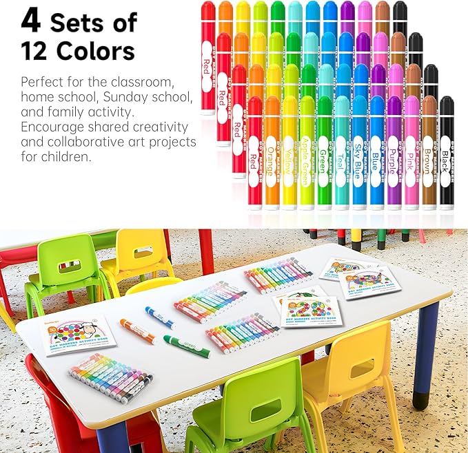 Shuttle Art 48 Pack Washable Dot Markers, 12 Assorted Colors with 6 Activity Books, Fun Art Supplies for Kids Toddlers, Non Toxic Water-Based Paint Daubers, 4 Sets x 12 Colors Dot Markers