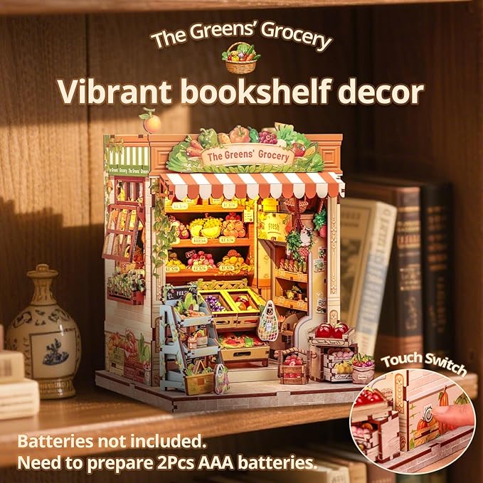 Cutefun Book Nook Kit - DIY Miniature Dollhouse Kit for Adults and Teens, Fruit & Vegetable Store Mini House Building Kit with LED Bookshelf Insert Decor Creative Gifts (The Greens’ Grocery)