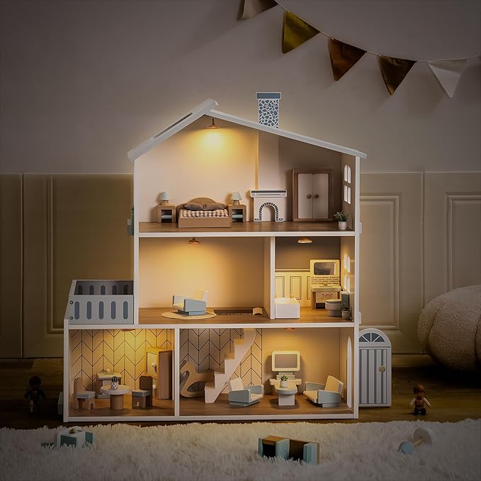 ROBUD Doll House, Wooden Dollhouse with 6 Rooms, 29-pcs Realistic Accessories, Dollhouse Playset for 4-6 Inch Dolls, Gifts for Kids & Toddlers, Nordic Style, Ages 3+