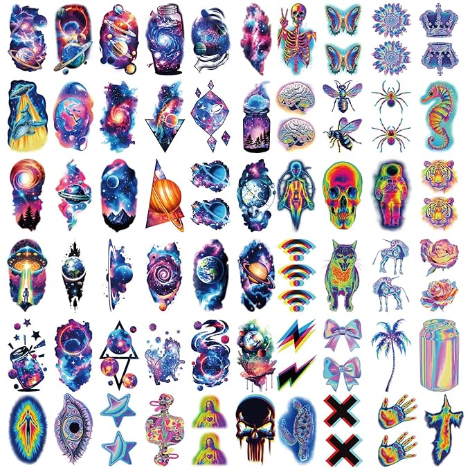 Cosmic Space Temporary Tattoos for Adults and Kids, 77 Sheets Colorful Astronaut Planet Galaxy Fantasy Art Designs Fake Tattoo for Men and Women