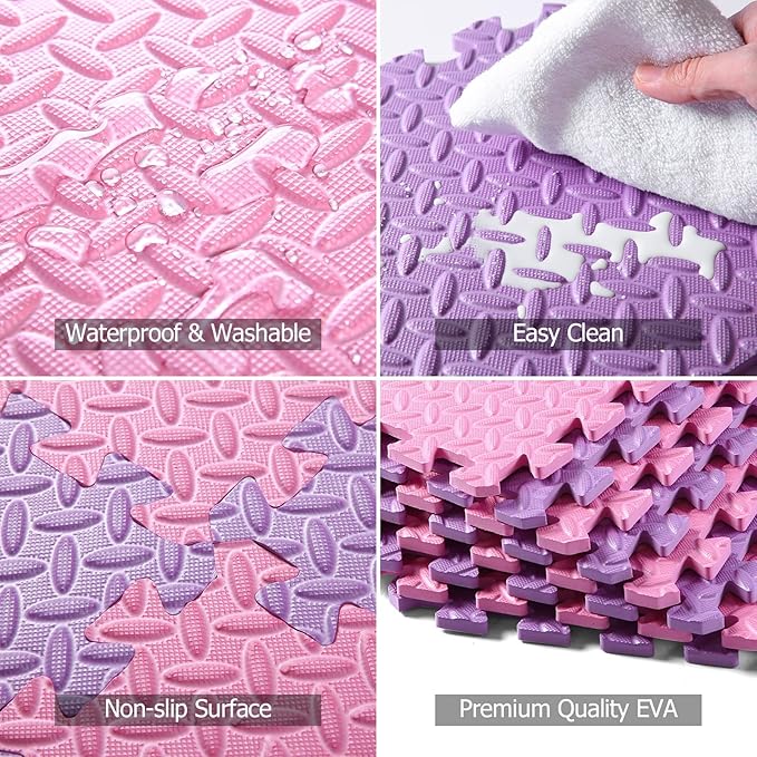 Foam Floor Mats for Kids, 12 x 12 Inch 16 Tiles 0.4" Thickness Foam Play Mat, Non-Toxic Square Interlocking Floor Mats Rubber Baby Play Mat for Toddlers(Pink/Purple)