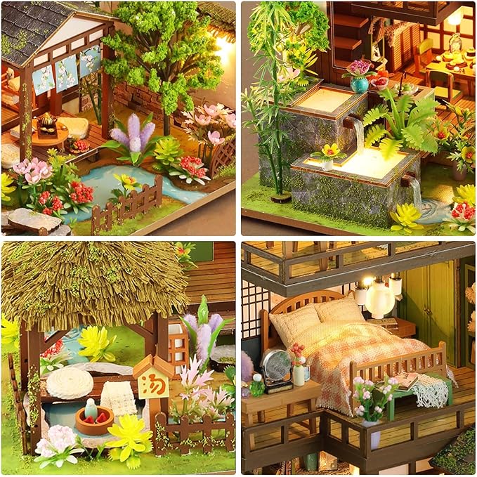 Miniature House Kit, Tiny House Kit with Light, DIY Mini House Building Kits for Adults to Building, Unique Gift for Birthday Christmas, Bamboo Spring Courtyard