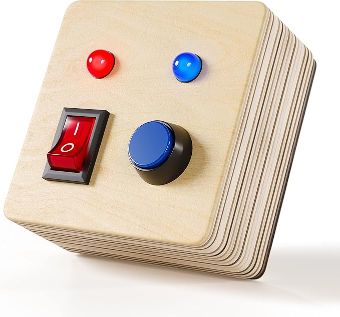 Crown Display Montessori Busy Board Fidget Mini Cube for Toddlers {Improved 2023 Version} Wooden Sensory Activity Toys LED Light Up Buttons Wires Baby Gifts Educational Learning Toy