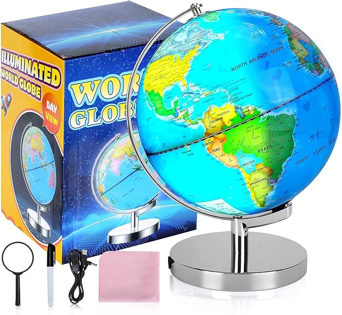 6 in1 Illuminated Large World Globe for Kids & Adults All Ages High Clear Map 12inch, Illuminates Educational Interactive STEM Toy, Light Up Kids Globe Lamp,Gifts For Boys And Girls