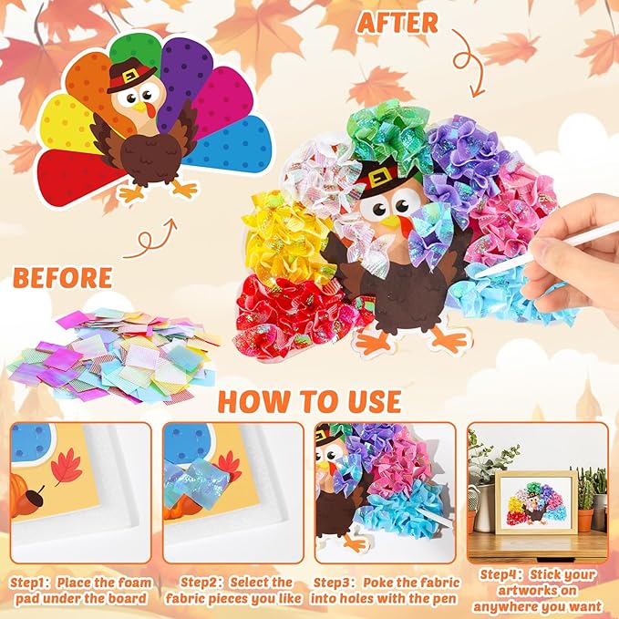 8PCS Poke-in Craft Art Kit Kids Fall Thanksgiving No-Mess Fabric Sewing Girl Boy 4-12 Puzzle Puncture Painting DIY Turkey Pumpkin Fall Harvest Toy Gift Creative Activity Game Birthday Party