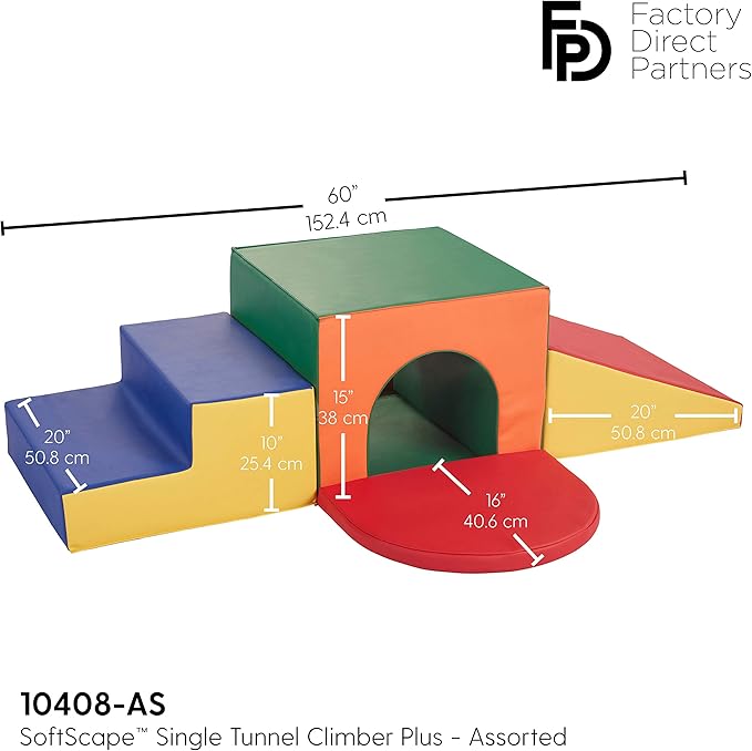 Factory Direct Partners 10408-AS SoftScape Single Tunnel Play Foam Climber Plus, Beginner Toddler Soft Structure for Active Playtime (5-Piece Set) - Assorted