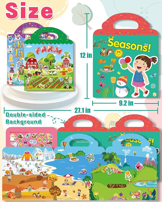 3 Pack Reusable Sticker Book for Toddlers, Toddler Sticker Book for Kids, Toddler Activities Crafts Preschool Learning Travel Birthday Gifts for Boys Girls - Farm, Fairy Tale and Season