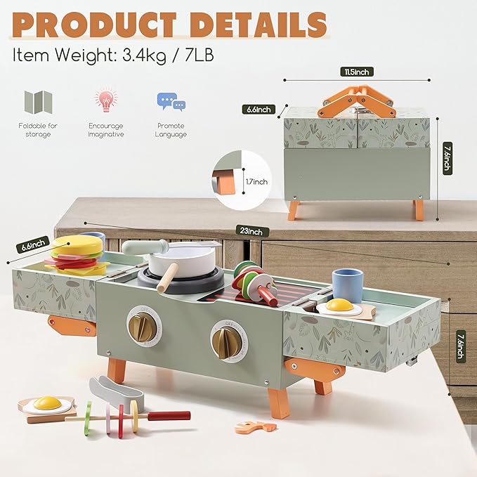 Wooden Kids Grill Playset with Play Kitchen Accessories| Pretend Play Toys for Toddlers 3-5, Cooking BBQ Play Food Toy for 3+ Year Old Boys & Girls, Birthday Gifts for Kids