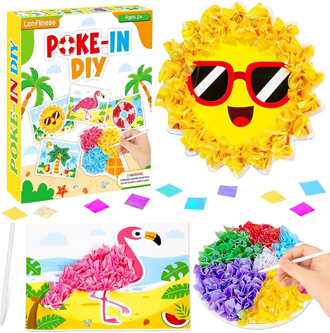 8PCS Poke-in Craft and Art Kit for Kids Summer Theme No-Mess Fabric Sewing Art Girls Boys 4-12 Puzzle Puncture Painting DIY Beach Hawaiian Toy Gift for Creative Activity Game Birthday Party