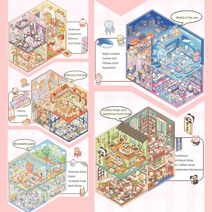 3D Sticker Scene Book,Sticker Therapy for Adults,Include 20 Beautiful House Isometric 3D Space DIY Scene Stickers Book,Cute Art Stickers for Girls