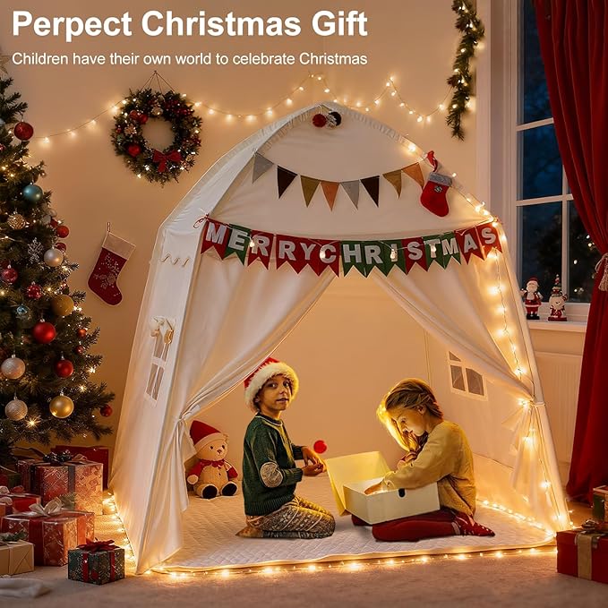 Kids Play Tent with Padded Mat Lights - Large Teepee 59x39x59in with Christmas Decor Kit Storage Bag Flag- Private Space for Reading - Birthday Gift for Boys Girls Ages 3-12