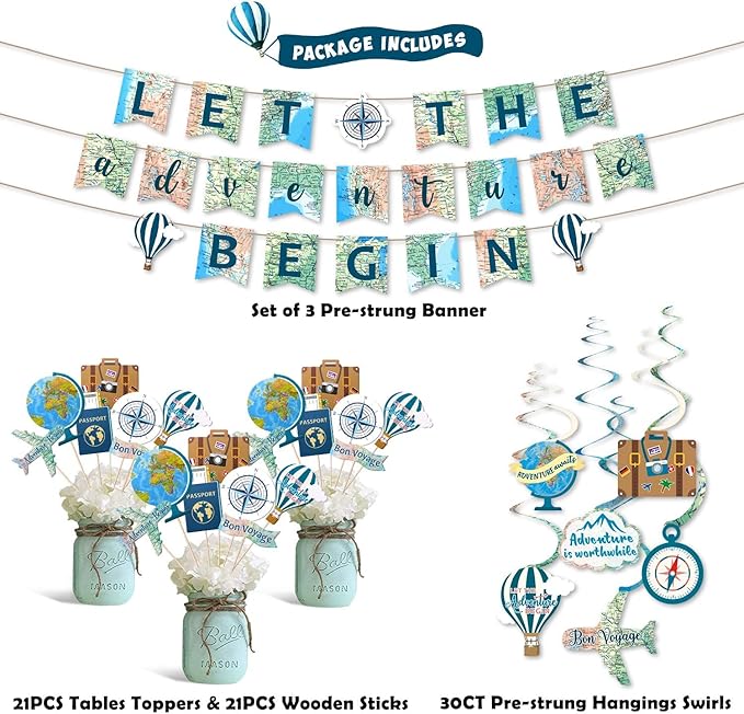 52 PCS Travel Themed Party Decorations Set Let the Adventure Begin Banner Centerpieces Sticks Hanging Swirls for Bon Voyage Retirement Farewell Party World Awaits Birthday Baby Shower Decor Supplie
