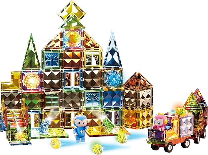Deluxe Quality Magnetic Tiles Building Set with Attractive Reflective Pattern, LED Lights, Marble Run, and Cars - STEM Educational Toy for Creative Kids Girls Boys 3+ (110 pcs Castle)