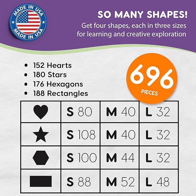 Basic Shapes 2: Hearts, Stars, Hexagons, Rectangles, 696 Pieces US Made Card Stock Punch Out Geometric Shapes in 3 Sizes and 4 NEON Colors for Math, Pattern Play and DIY Crafting