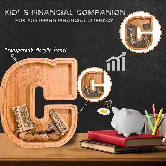 Wooden Letter Piggy Bank for Kids Larger Letter Piggy Bank for Boys and Girls Personalized Piggy Bank Initial Coin Bank Wood Kids Money Bank for Birthday and Festival