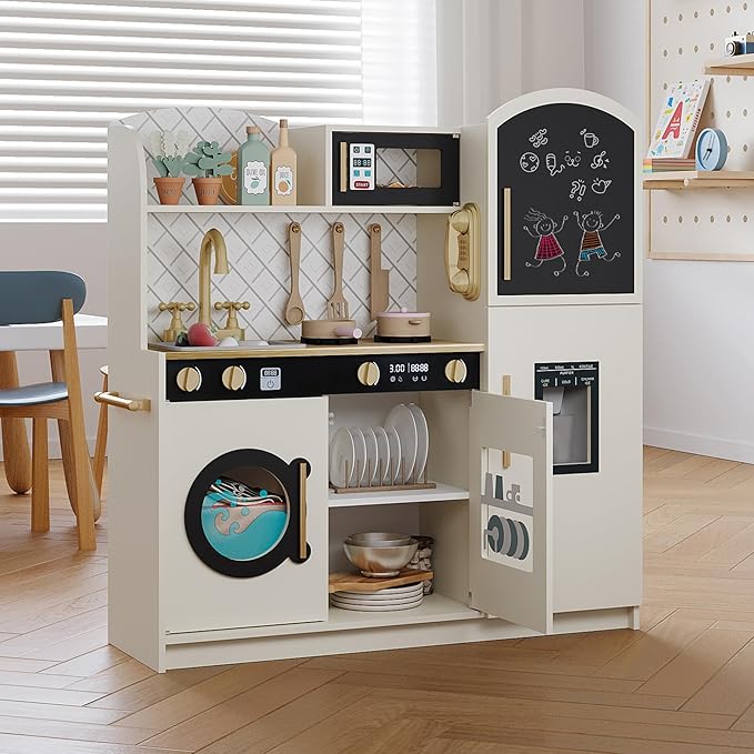 Treocho Play Kitchen for Kids, Wooden Toddler Kitchen Set with Storage, Modern Design Toy Kitchen with Faucet&Sink, Stove, Chalkboard, Icemaker and Various Accessories for Kids Ages 3+, Cream