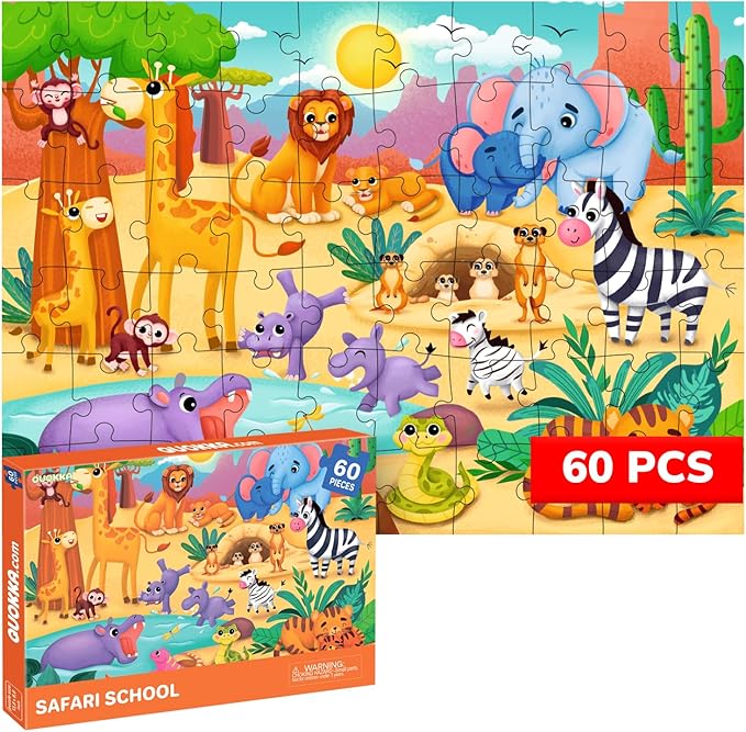 QUOKKA Puzzles for Kids Ages 4-6 – 60 Piece Jigsaw Puzzles for Toddlers Ages 3-5 with African Animals – Quiet Time Toy for Preschoolers 2-4 – FSC Certified Educational Learning Game for Boys and Girls