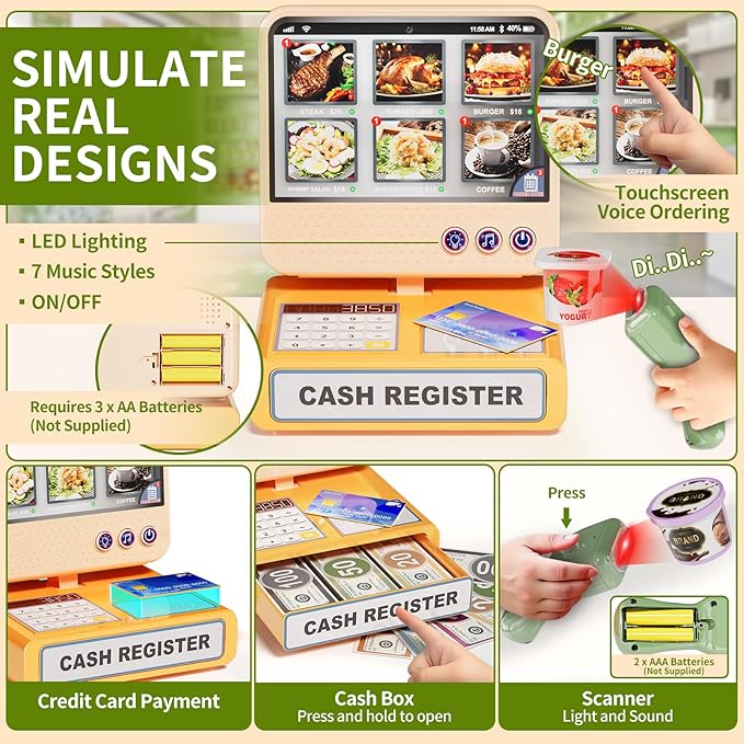 Toddler Toy Grocery Store, Supermarket Playset with Touch Voice Cash Register, Scanner, Coffee Maker, Play Food, Play Money, Pretend Play Toys for Toddlers Kids Birthday