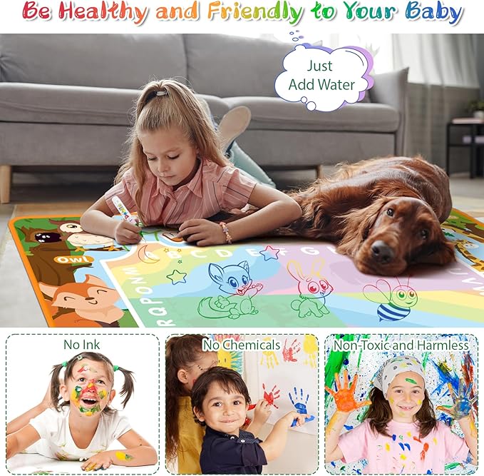Water Doodle Mat Kids Mess Free Coloring for Toddlers 3 4 5 6 7 8 9 Years, 19 Pack Educational Toys, Doodle Mat with Magic Water Pens