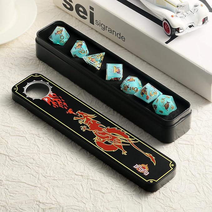 DNDND Owl Aqua Blue Translucent Resin Dice Set - 7-Piece Sharp Edge RPG Dice for D&D with Stickers, Handcrafted Premium Metal Case Gift