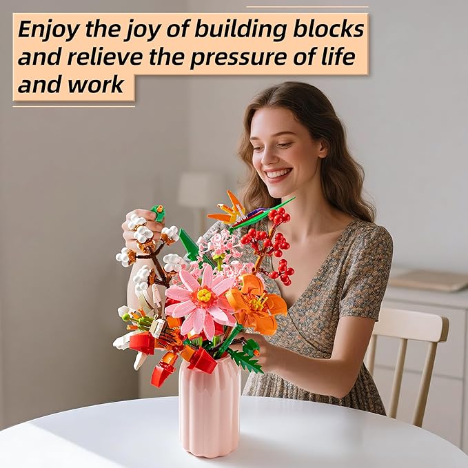 Sawaruita Pretty Pink Flowers Bouquet Building Blocks for Adult,Wildflower Botanical Collection with Vase -Plants Block Toy for Home&Office Decor,Gift for Valentine's Day,Mother's Day,Birthday