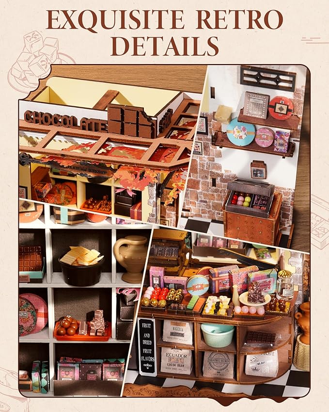 ROBOTIME DIY Miniature House Kit, Tiny House Building Kits，Mini Wooden Furniture Kit for Adults, Dollhouse for Birthday Christmas Craft Hobbies Gift（Henry's Chocolate）
