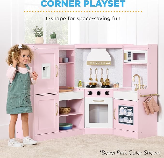 Best Choice Products Pretend Play Corner Kitchen, Ultimate Interactive Wooden Kids Playset w/Lights & Sounds, Ice Maker, Hood - Cream