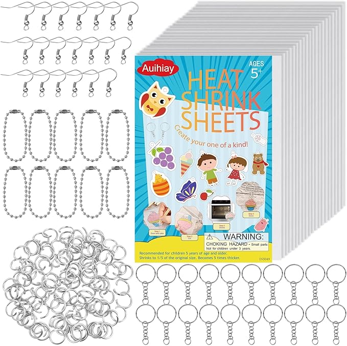Auihiay 170PCS Shrinky Art Kit for DIY Keychain Making, Shrink Dink Paper Kit with 20PCS Big Size Shrinky Plastic Sheets and Keychains, for Halloween & Christmas Ornament （7.87 x11.4inch/20x29cm）