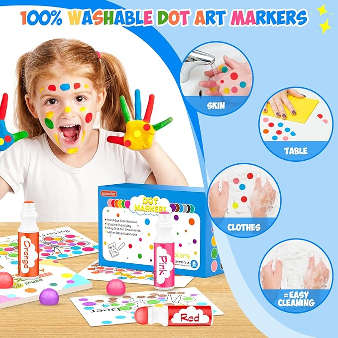 Soucolor 96-Pack Washable Dot Markers for Kids & Toddlers | 8 Vibrant Colors | Non-Toxic Bingo Daubers | Preschool Arts & Crafts, Classroom Supplies | Paint Dabbers for Endless Creative Fun