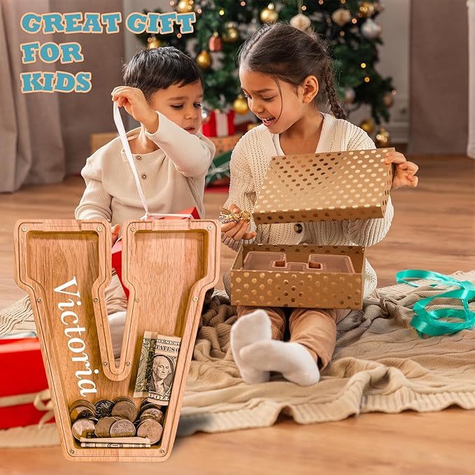 Wooden Letter Piggy Bank for Kids Larger Letter Piggy Bank for Boys and Girls Personalized Piggy Bank Initial Coin Bank Wood Kids Money Bank for Birthday and Festival