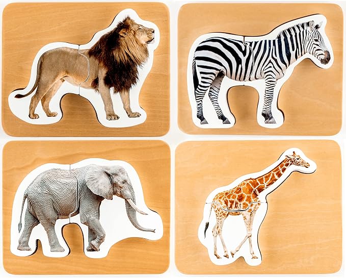 Wooden Montessori Animal Puzzles for Toddlers 2+ Years - Realistic Chunky Safari Animal Shape Puzzle - Educational Learning Toy