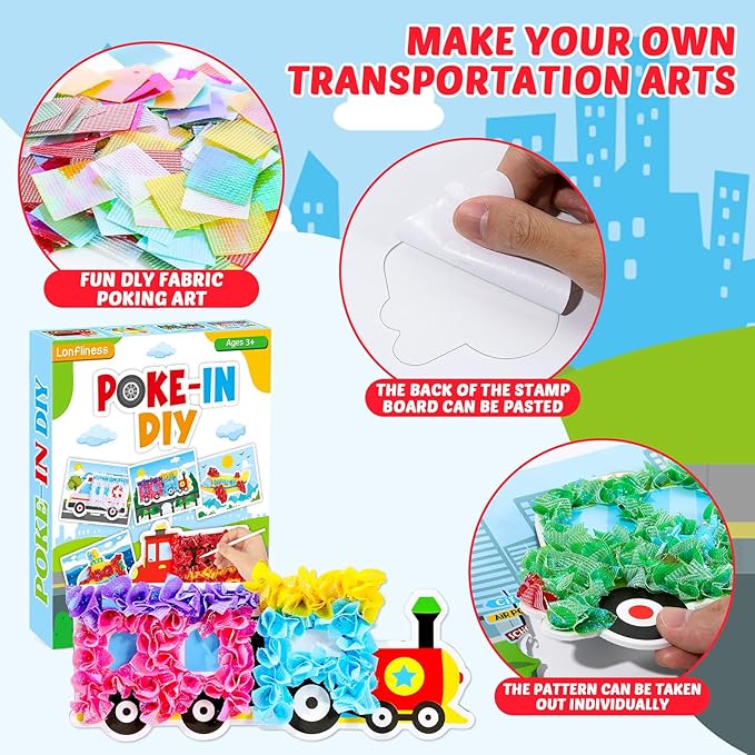 8PCS Poke-in Craft and Art Kit for Kid Transportation Vehicle Theme No-Mess Fabric Sewing Art Girl Boy 4-12 Puzzle Puncture Painting Truck Car Toy Gift Creative Activity Game Birthday Party